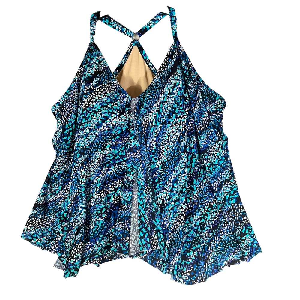 Swim365 Tankini Top Plus Size 42 Blue Mosaic Handkerchief Hem Cross Back Beach‎